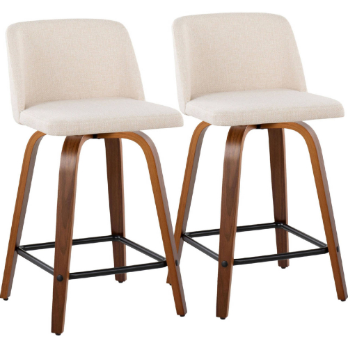 Toriano 24" Swivel Counter Stool in Walnut Wood & Cream Noise Fabric with Black Footrest (Set of 2)